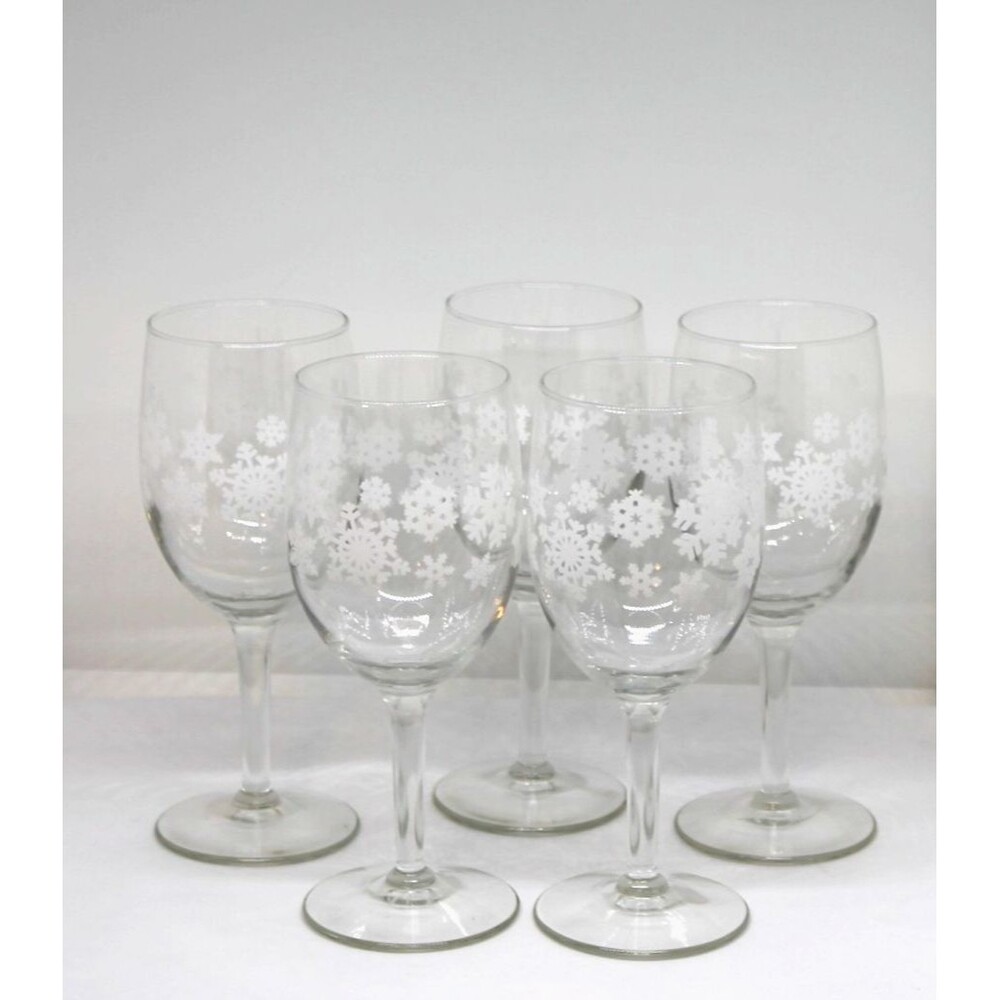 White Snowflake Winter Clear Glass Stemmed Water /Wine Goblets Set of 5 Stemware